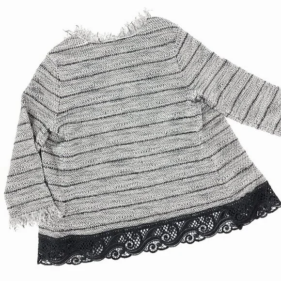 Chico's EUC Women's 0 Black White Laced Fringe Cardigan Cotton Blend Tweed - Picture 6 of 11